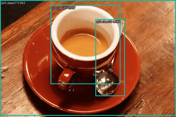 Cup of coffee: genuine DETR predictions above 0.7, with query and COCO class IDs