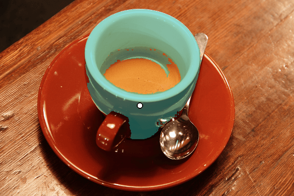 Cup of coffee: official SAM best predicted-IoU mask overlaid in teal, with white foreground point