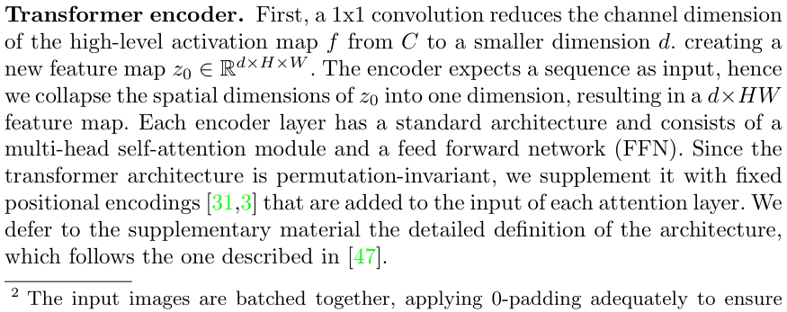 Original DETR paper excerpt related to let image tokens exchange context (PDF page 6).