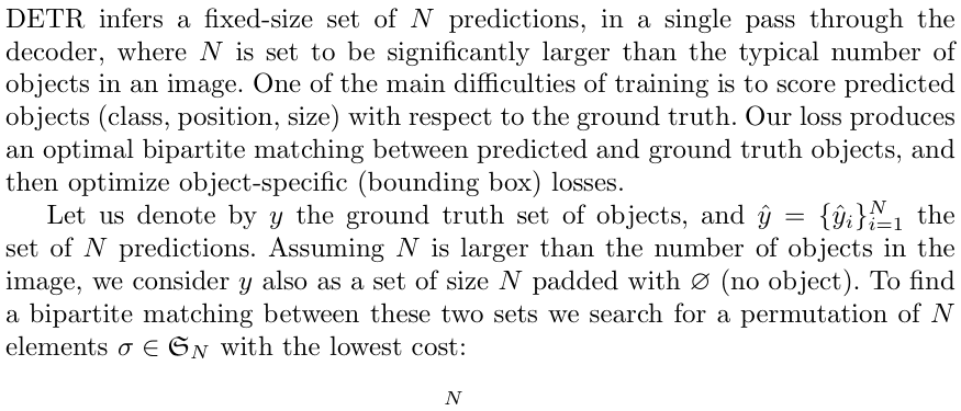 Original DETR paper excerpt related to solve one exact assignment before differentiating (PDF page 5).