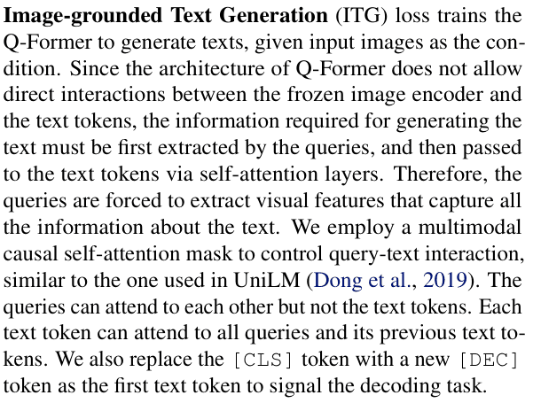 Original blip2 paper excerpt related to generate text through the visual query bottleneck (PDF page 3).
