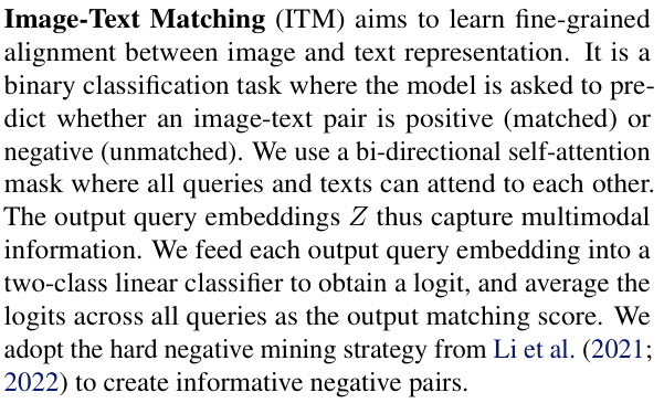 Original blip2 paper excerpt related to classify matched pairs using fused query outputs (PDF page 3).