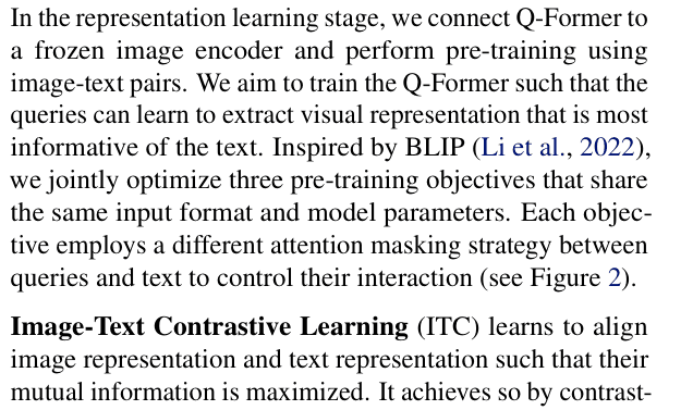 Original blip2 paper excerpt related to let queries read the image in alternating blocks (PDF page 3).