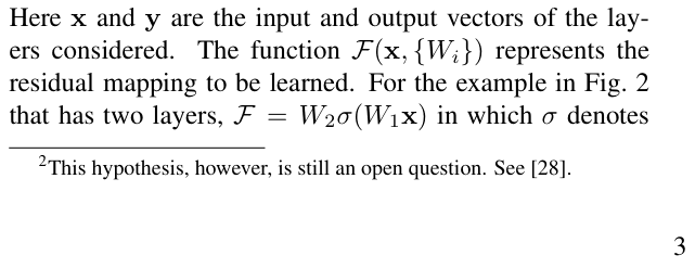 Original deep residual learning paper excerpt related to build the two-layer residual branch (PDF page 3).