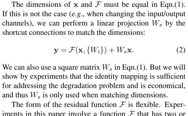 Original deep residual learning paper excerpt related to match transitions with a learned projection (PDF page 3).