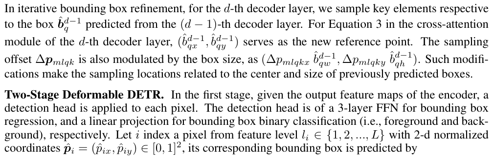 Original deformable detr paper excerpt related to keep the point and box logit branches distinct (PDF page 13).
