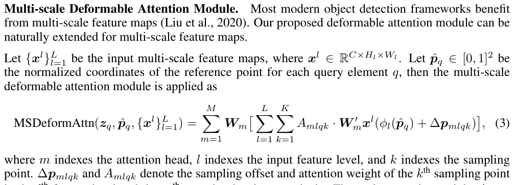 Original deformable detr paper excerpt related to translate a reference into each sampling frame (PDF page 6).