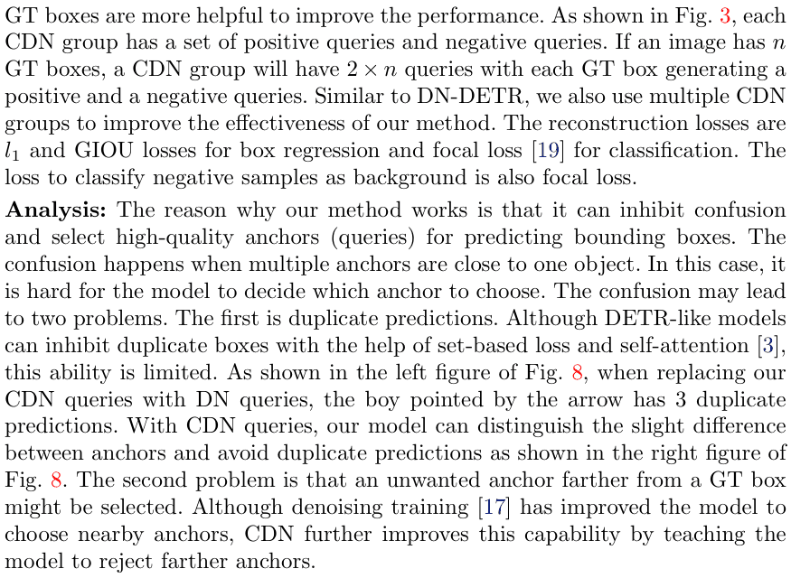 Original dino detr paper excerpt related to separate positive reconstruction from negative rejection (PDF page 8).