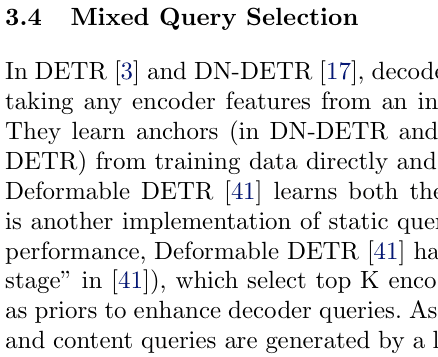 Original dino detr paper excerpt related to keep learned content separate from selected anchors (PDF page 9).