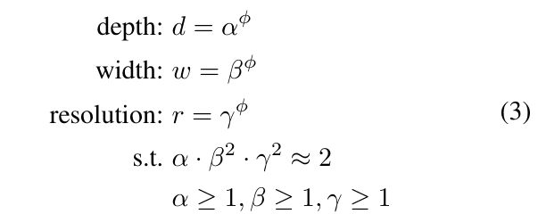 Original EfficientNet Equation 3: compound depth, width, and resolution scaling with an approximate compute constraint