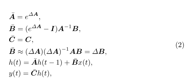Original discretization equation with exponential state transition, approximate delta B input coefficient, state update and readout.