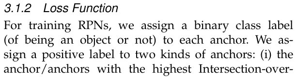 Original faster rcnn paper excerpt related to decide which anchors provide supervision (PDF page 4).