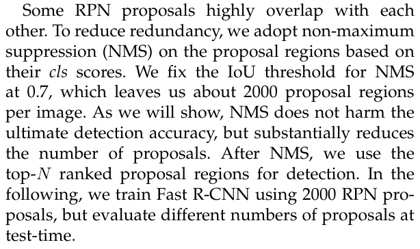 Original faster rcnn paper excerpt related to turn anchor predictions into a small proposal set (PDF page 7).