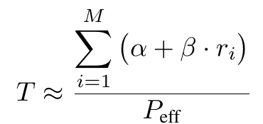 Original Equation 1 formula: runtime is approximately the summed CTA overhead and non-empty blocks cost divided by effective parallelism.