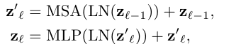 ViT paper Equations 2 and 3: pre-norm attention and MLP residual branches.