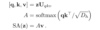 ViT Appendix A: query/key/value projection, scaled softmax, and weighted values.