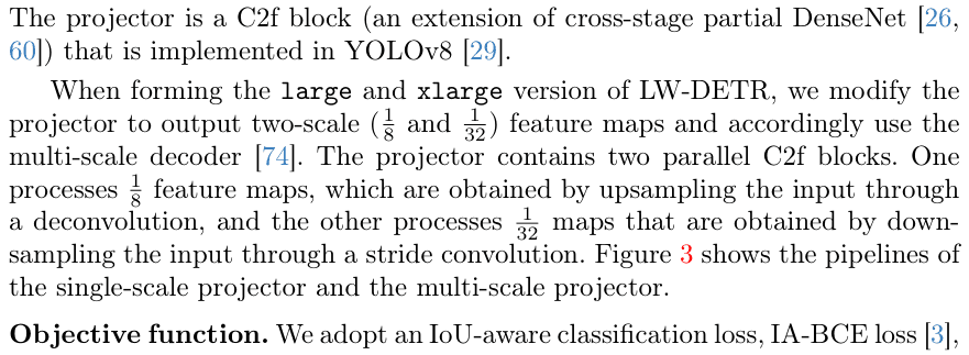 Original lw detr paper excerpt related to separate encoder depths from projector scales (PDF page 5).