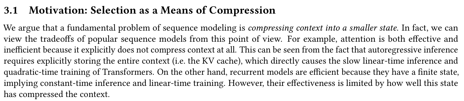 Original Mamba Section 3.1 explaining compressed recurrent state and the contrast with a growing attention KV cache