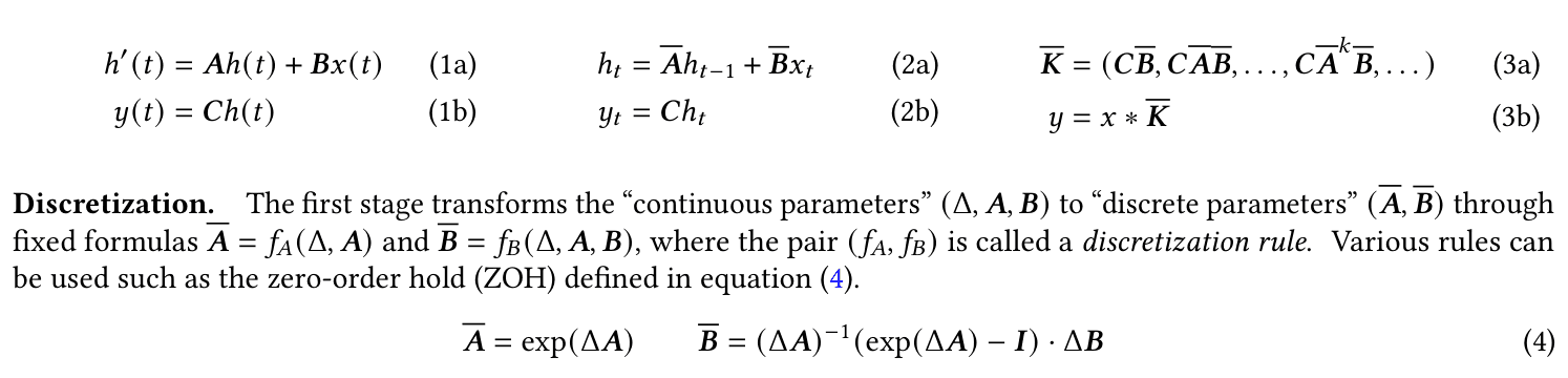 Original Mamba Equations 1–4 showing continuous and discrete state updates and zero-order-hold discretization