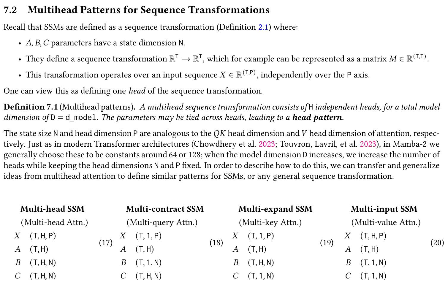 Original Mamba-2 Section 7.2 and Equations 17–20 defining state size N, head width P and four head-sharing patterns