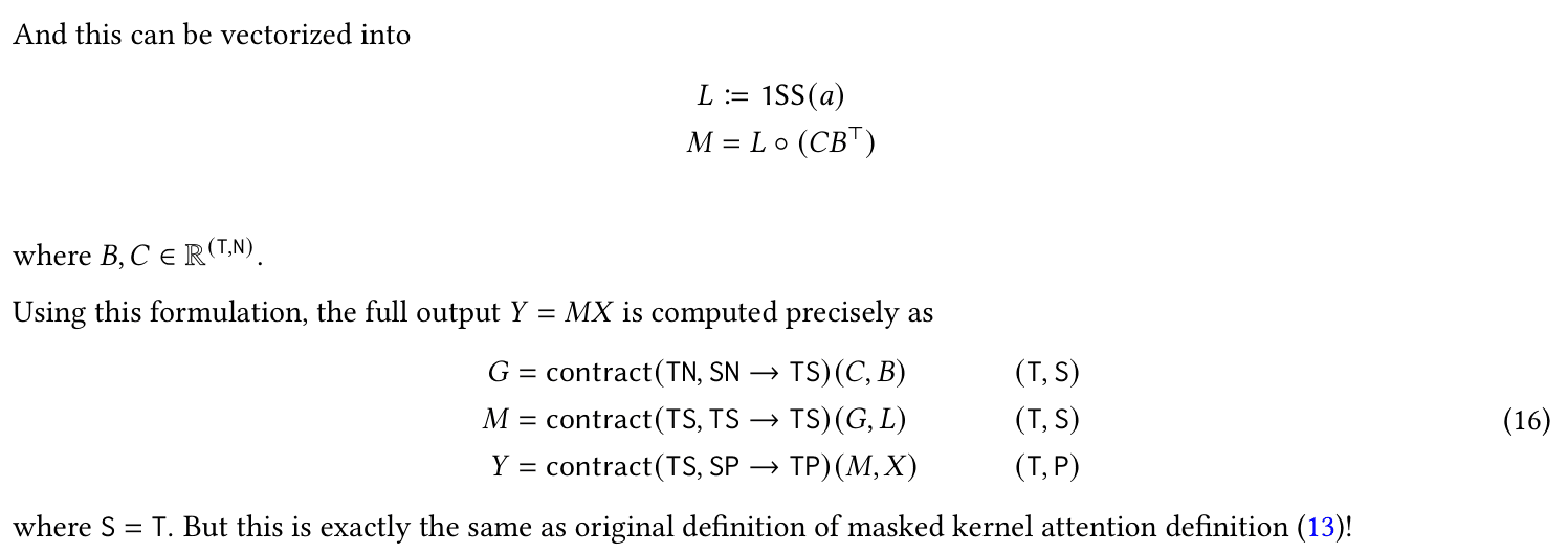 Original Mamba-2 Equation 16 and the structured mask factorization M equals L elementwise multiplied by C B transpose