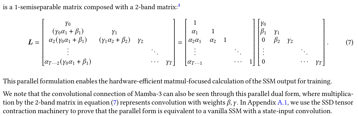Original MAMBA3 paper: Causal mask factored into decay and two-band input matrices.