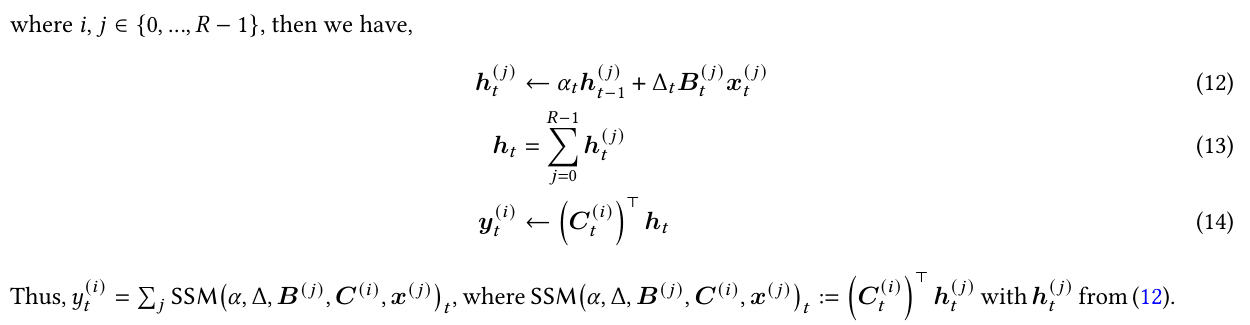 Original MAMBA3 paper: Rank-wise recurrence, summed state, and multiple output projections.