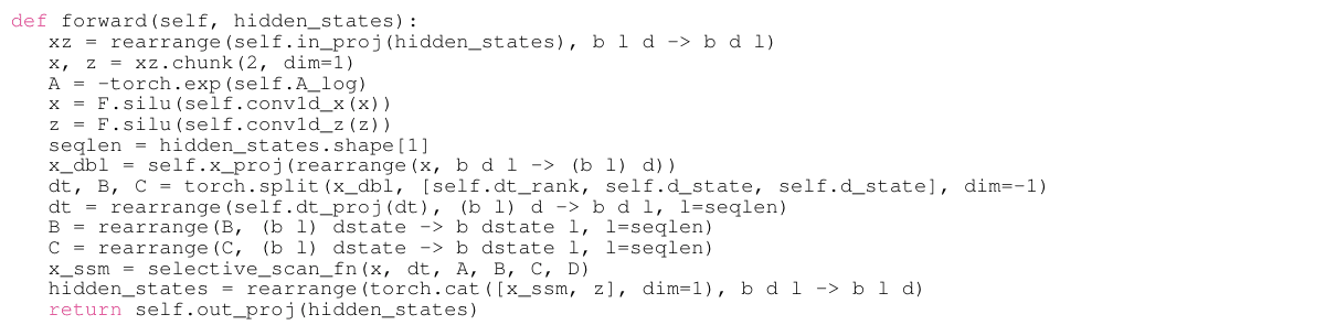Original Algorithm 1 forward pass: input split, two convolutions, selective scan, concatenation, and output projection.