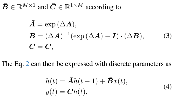 Original equations 3 and 4: exponential transition, zero-order-hold input coefficient, and discrete state recurrence.