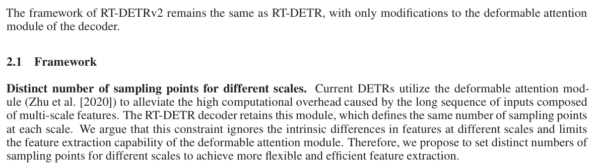Original RT-DETRv2 method and Framework excerpt identifying the inherited deformable attention and changed sampling budgets; softmax normalization is a released-code detail.