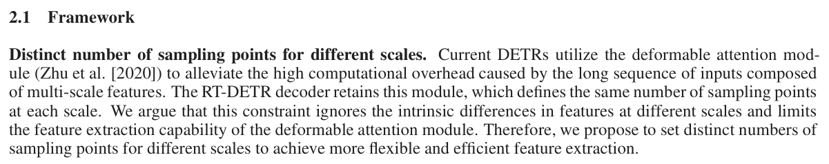 Original RT-DETRv2 Framework paragraph motivating different sampling counts by scale; it does not specify the released box-offset formula.