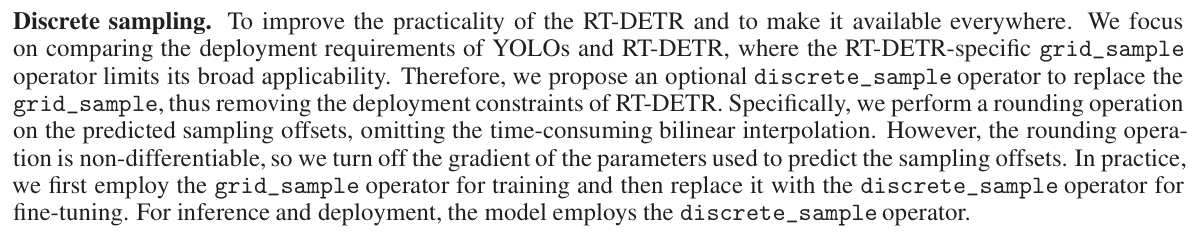 Original RT-DETRv2 discrete-sampling paragraph describing rounding, frozen offset predictors and bilinear pretraining before discrete fine-tuning.