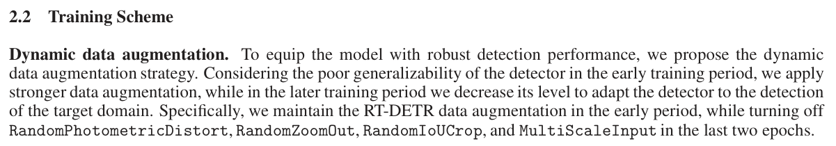 Original RT-DETRv2 Training Scheme excerpt naming the four augmentations disabled in the final two epochs.