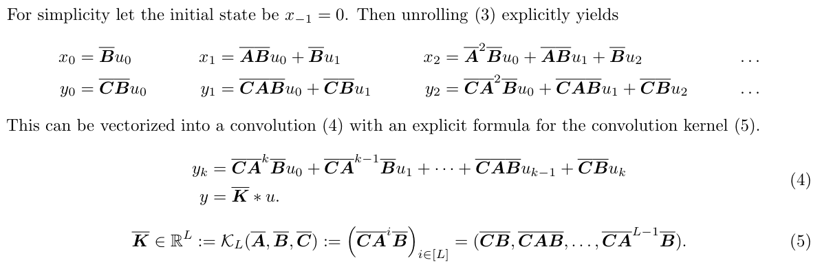 Original S4 paper: Zero-state recurrence unrolling and convolution kernel.
