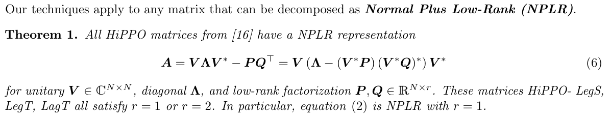 Original S4 paper: Normal-plus-low-rank representation and unitary change of basis.