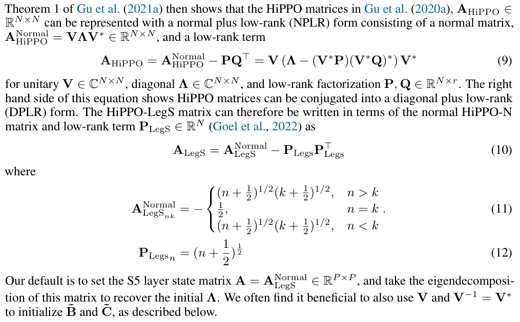 Original S5 paper: HiPPO normal component and rank-one correction used for initialization.