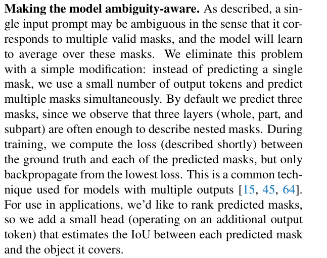 Original sam paper excerpt related to turn output tokens into four spatial mask logits (PDF page 17).