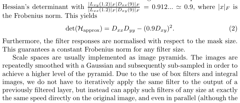 Original surf paper excerpt related to measure normalized box-Hessian responses (PDF page 5).