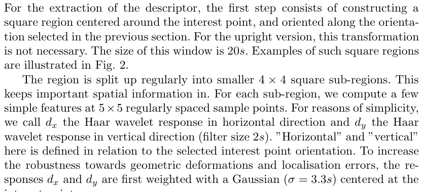 Original surf paper excerpt related to accumulate the complete upright 64-D descriptor (PDF page 7).