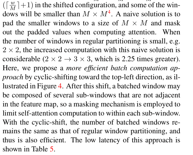Original swin transformer paper excerpt related to shift cyclically and mark disconnected edge regions (PDF page 5).