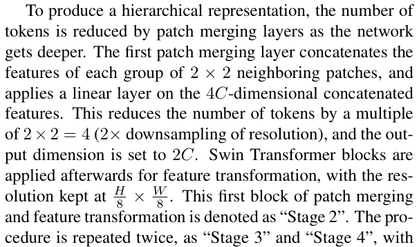 Original swin transformer paper excerpt related to merge four neighbors before doubling channel width (PDF page 3).
