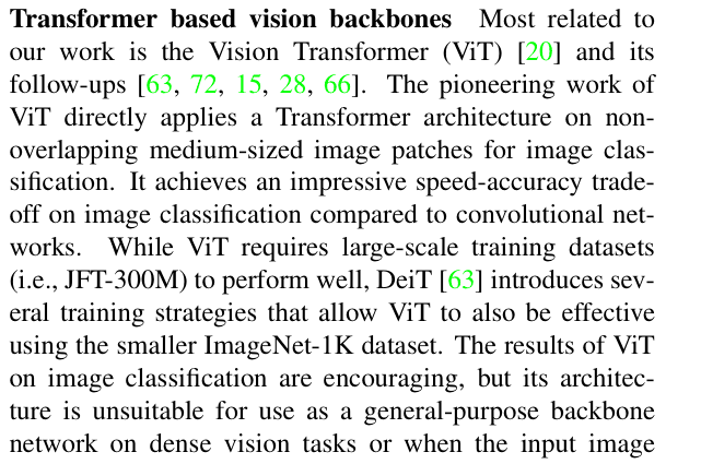 Original swin transformer paper excerpt related to embed each non-overlapping RGB patch (PDF page 3).
