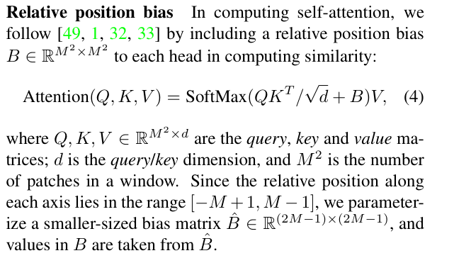Original swin transformer paper excerpt related to index directional relative offsets for every head (PDF page 5).