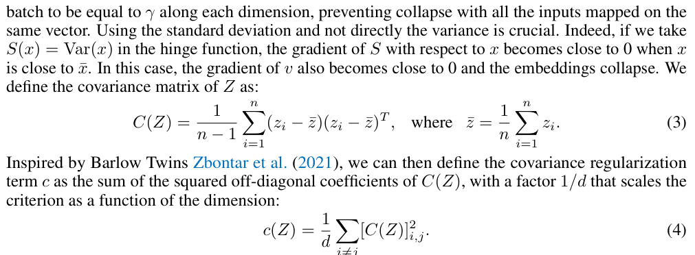 Original vicreg paper excerpt related to penalize both halves of off-diagonal covariance (PDF page 5).