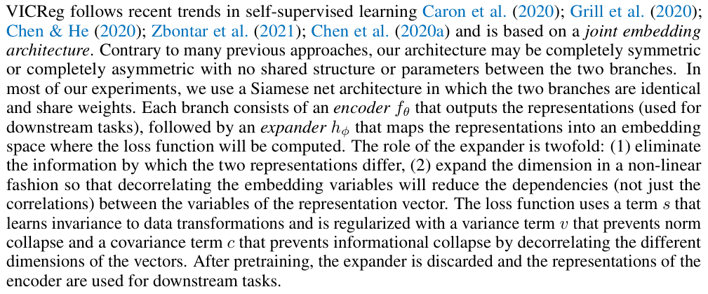 Original vicreg paper excerpt related to match corresponding projected vectors (PDF page 4).