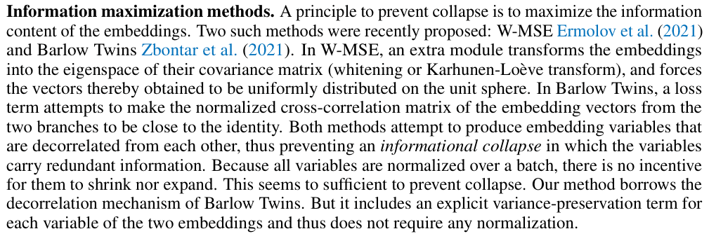 Original vicreg paper excerpt related to keep sample standard deviations above the hinge (PDF page 4).