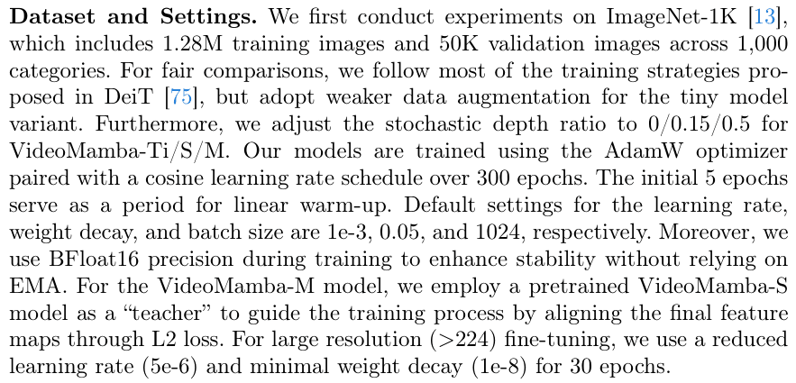 Original training-recipe excerpt identifying pretrained VideoMamba-S as teacher for VideoMamba-M and L2 alignment of final feature maps; normalized implementation is described separately in the row.