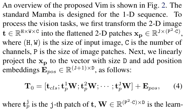 Original vision mamba paper excerpt related to turn image windows into a patch sequence (PDF page 4).