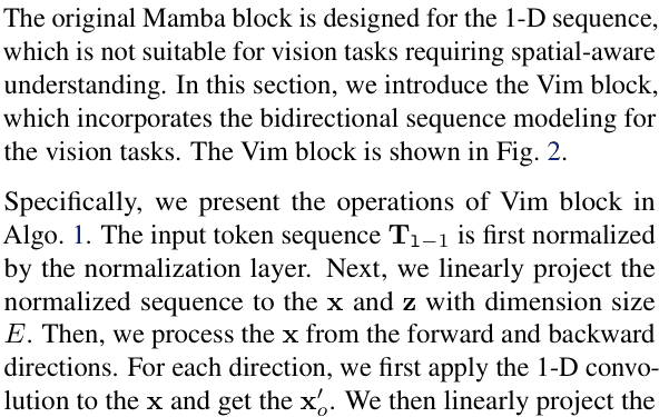 Original vision mamba paper excerpt related to choose the state update from the current content (PDF page 4).