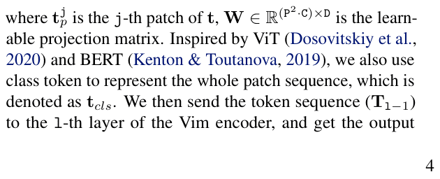 Original vision mamba paper excerpt related to insert the class token and add image positions (PDF page 4).